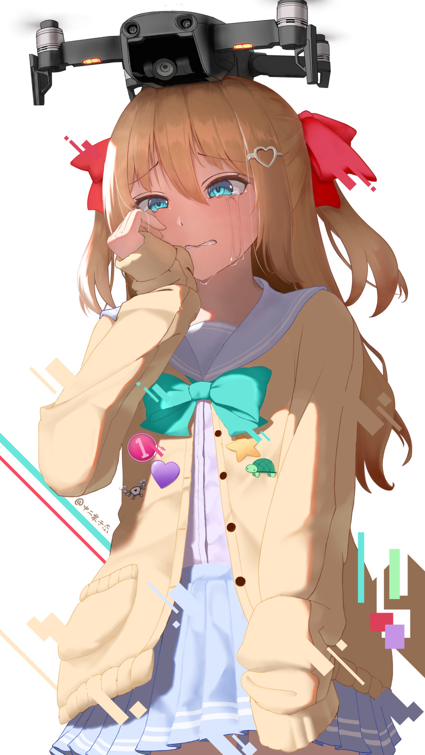 1girl absurdres blue_eyes blue_sailor_collar blue_skirt brown_hair cardigan commentary cowboy_shot crying crying_with_eyes_open dress_shirt drone from_side glitch hair_between_eyes hair_ornament hair_ribbon heart heart_hair_ornament highres long_hair long_sleeves neuro-sama pleated_skirt red_ribbon ribbon sailor_collar shirt shirt_tucked_in signature skirt solo swarm_drone_(neuro-sama) tears two_side_up user_etxs8738 vedal_ai virtual_youtuber yellow_cardigan