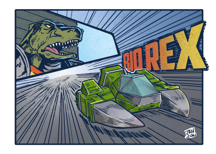 1boy action aircraft armor artist_name big_fang bio_rex border character_name close-up dinosaur f-zero f-zero_gx f-zero_x flying_car highres hover_vehicle jrcomicart male_focus motion_lines nintendo open_mouth pauldrons race_vehicle science_fiction sharp_teeth shoulder_armor solo speed_lines teeth vehicle_focus white_border yellow_eyes