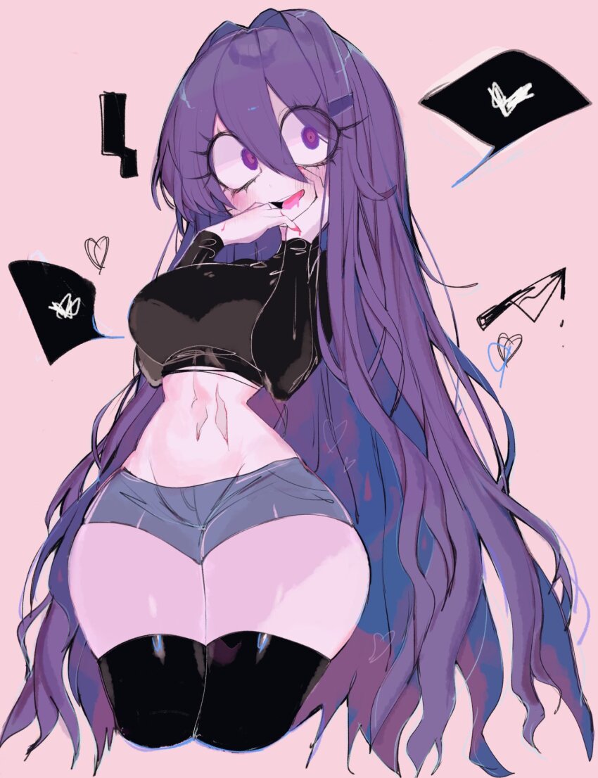 1girl black_thighhighs blue_shorts commentary cowboy_shot crazy crop_top denim denim_shorts doki_doki_literature_club hair_between_eyes hair_intakes heart highres long_hair long_sleeves midriff navel purple_eyes purple_hair scar scar_on_stomach short_shorts shorts simple_background solo spoken_heart spoken_squiggle squiggle stomach thick_thighs thighhighs thighs usa37107692 very_long_hair wide_hips yuri_(doki_doki_literature_club)
