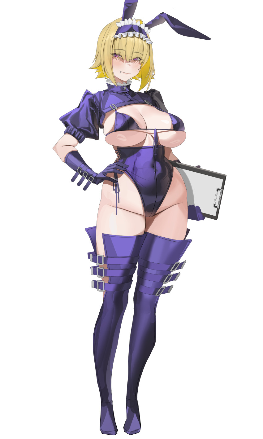 1girl absurdres alternate_costume animal_ears bikini bikini_top_only blonde_hair boots breasts closed_mouth commentary_request elbow_gloves elegg_(nikke) fake_animal_ears fang full_body gloves goddess_of_victory:_nikke gong_dol_hong hand_on_own_hip highres holding korean_commentary large_breasts leotard playboy_bunny purple_bikini purple_boots purple_eyes purple_gloves purple_leotard rabbit_ears short_hair simple_background smile soles solo standing swimsuit thighs tongue tongue_out white_background