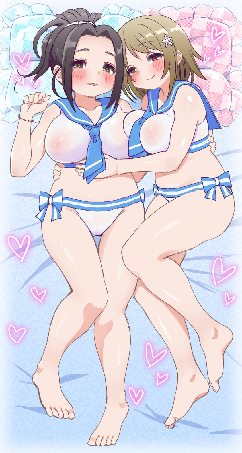 2girls absurdres belly bikini black_hair blue_sailor_collar blush bracelet breasts brown_eyes brown_hair commentary_request commission covered_erect_nipples curvy ebihara_naho green_eyes half-closed_eyes heart highres idolmaster idolmaster_cinderella_girls jewelry kotaro large_breasts large_variant_set lying mimura_kanako multiple_girls naughty_face on_back pillow ponytail sailor_bikini sailor_collar sailor_swimsuit_(idolmaster) skeb_commission smile swimsuit thigh_gap variant_set white_bikini