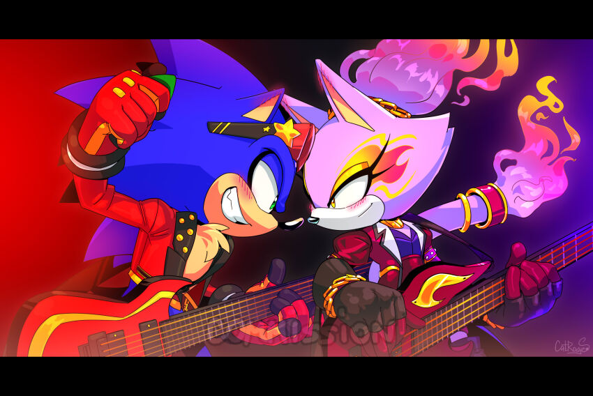 1boy 1girl animal_ears bass_guitar blaze_the_cat blaze_the_cat_(bassist) blush burning cat_ears cat_girl cat_tail catrage_miau chain commentary commission english_commentary eyewear_on_head fire furry furry_female furry_male gold_chain gold_necklace green_eyes highres instrument jacket jewelry necklace red_jacket signature smile sonic_(series) sonic_the_hedgehog sonic_the_hedgehog_(rockstar) tail watermark yellow_eyes