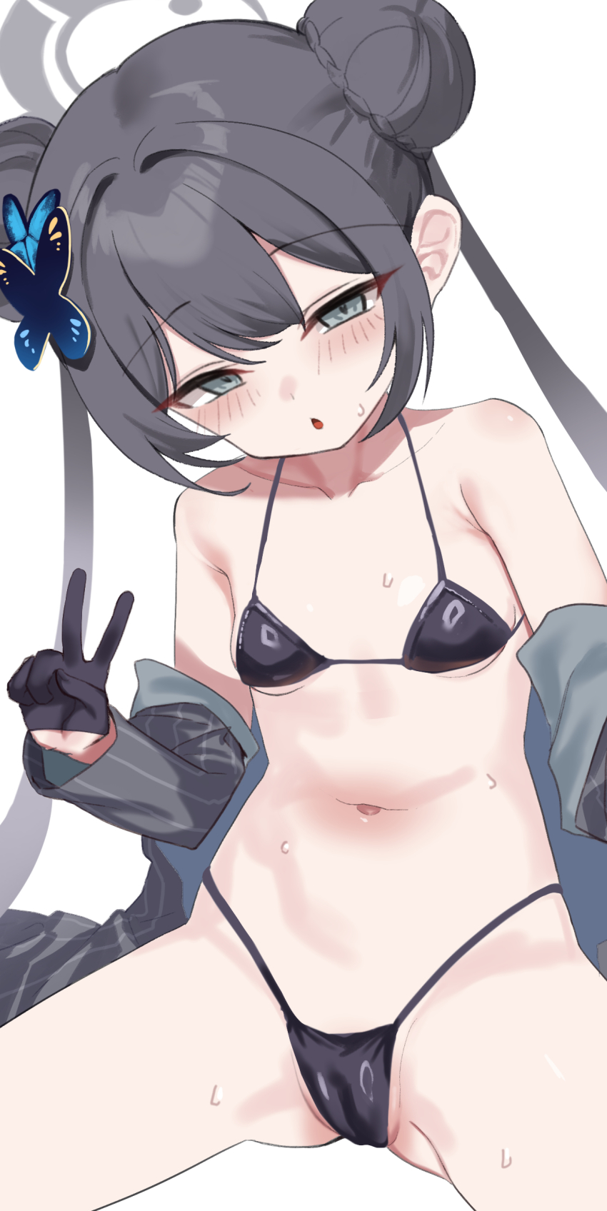 1girl absurdres amano_hagoromo bikini black_bikini black_gloves black_hair blue_archive breasts butterfly_hair_ornament cameltoe double_bun gloves hair_bun hair_ornament halo highres kisaki_(blue_archive) loli long_hair navel small_breasts solo swimsuit twintails v