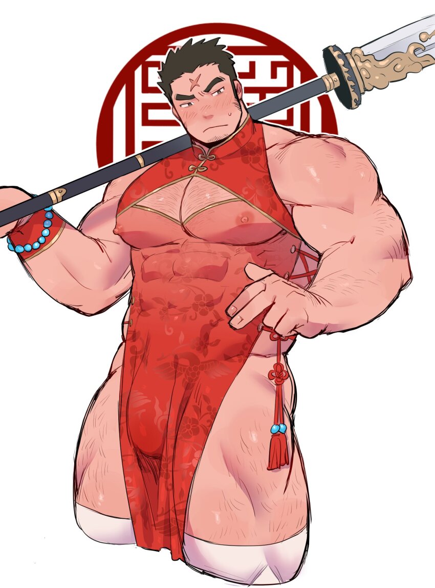 1boy arm_hair averting_eyes bara bead_bracelet beads black_hair blush bracelet bulge chest_hair china_dress chinese_clothes cleavage_cutout closed_mouth clothing_cutout covered_abs covered_erect_nipples cross_scar crossdressing crossdressing_(mtf) dress embarrassed facial_hair flower_knot frown goatee_stubble guan_dao highres holding holding_polearm holding_weapon houzouin_oniwaka jewelry kimi6666 large_pectorals leg_hair long_sideburns looking_at_viewer male_focus mature_male muscular muscular_male pectoral_cleavage pectorals polearm red_dress scar scar_on_face scar_on_forehead see-through_clothes see-through_dress short_hair side_slit sideburns simple_background sleeveless sleeveless_dress solo stubble sweatdrop thick_eyebrows thick_thighs thighhighs thighs tokyo_houkago_summoners weapon white_thighhighs