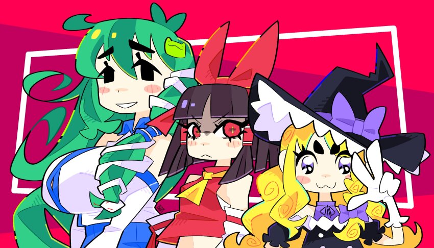 absurdres ascot blonde_hair blush bourbunbun bow braid breasts brown_hair commentary detached_sleeves dress english_commentary frog_hair_ornament green_hair hair_bow hair_ornament hair_tubes hakurei_reimu hat hat_bow highres kirisame_marisa kochiya_sanae large_breasts long_hair long_sleeves mountain_of_faith multiple_girls purple_eyes red_bow red_eyes ribbon shirt short_hair single_braid smile snake_hair_ornament touhou witch_hat