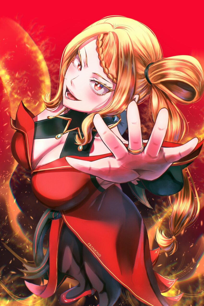 1girl bare_shoulders black_bridal_gauntlets black_pantyhose braid braided_bangs breasts bridal_gauntlets cleavage commentary dress english_commentary fire frankino full_body gradient_background high_heels highres jewelry large_breasts long_hair looking_at_viewer open_mouth orange_hair pantyhose ponytail priscilla_barielle re:zero_kara_hajimeru_isekai_seikatsu red_dress red_eyes single_braid smile solo