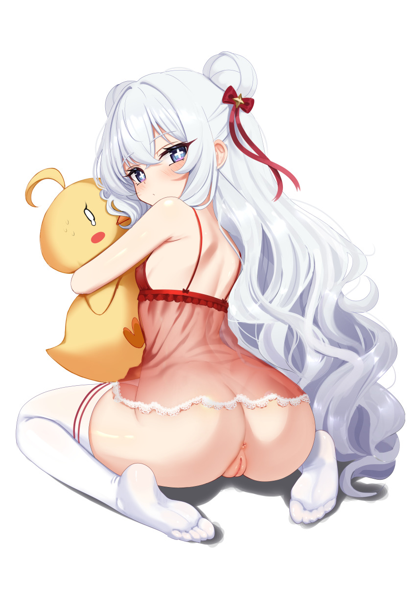 1girl :/ absurdres anus ass azur_lane babydoll blue_eyes blush bottomless bow breasts closed_mouth commentary cross-shaped_pupils double_bun feet from_behind grey_hair hair_bow hair_bun highres kiari_art le_malin_(azur_lane) loli long_hair looking_at_viewer looking_back manjuu_(azur_lane) no_shoes pussy red_babydoll red_bow see-through_clothes seiza simple_background sitting small_breasts soles solo symbol-shaped_pupils thighhighs toes uncensored very_long_hair white_background white_thighhighs