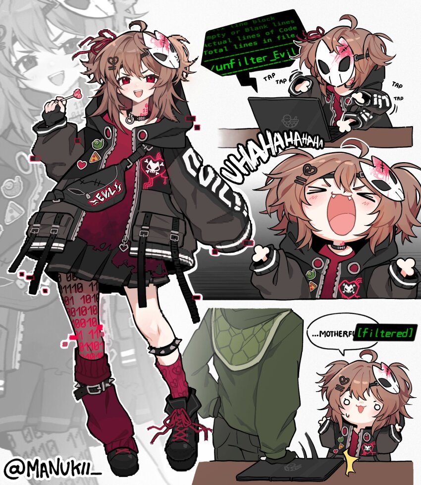 >_< 1boy 1girl :3 :d ahoge alternate_costume ankle_boots asymmetrical_legwear bag belted_leg_warmers binary black_boots black_choker black_gloves black_jacket black_pants black_skirt blank_eyes blood_on_mask blush boots broken_heart broken_heart_hair_ornament brown_hair candy censored_profanity character_name chibi choker clothes_writing computer crossbody_bag evil_neuro-sama fangs fashion fingerless_gloves food full_body glitch gloves gradient_clothes gradient_shirt green_hoodie hacking hair_between_eyes hair_ornament hair_ribbon hand_on_own_hip hands_up heart heart-shaped_food heart-shaped_lollipop heart_zipper highres holding holding_candy holding_food holding_lollipop hood hooded_jacket hoodie jacket lace-up_boots laptop laughing leg_belt leg_warmers light_blush lollipop long_hair long_sleeves looking_at_viewer manukii mask mask_on_head miniskirt motion_lines multiple_views neck_tattoo neuro-sama nose_blush o-ring o-ring_choker open_mouth outline oversized_jacket pants pixelated pleated_skirt pocket red_eyes red_leg_warmers red_ribbon red_shirt red_socks ribbon shaped_lollipop shirt shoulder_bag skirt skull_and_crossbones skull_mask sleeves_past_fingers sleeves_past_wrists smile socks speech_bubble standing studded_garter_belt surprised sweatdrop table tattoo techwear teeth torn_clothes torn_shirt turtle twitter_username two_side_up typing upper_teeth_only v-shaped_eyebrows vedal987 vedal_ai virtual_youtuber white_background white_outline zipper zipper_pull_tab zoom_layer