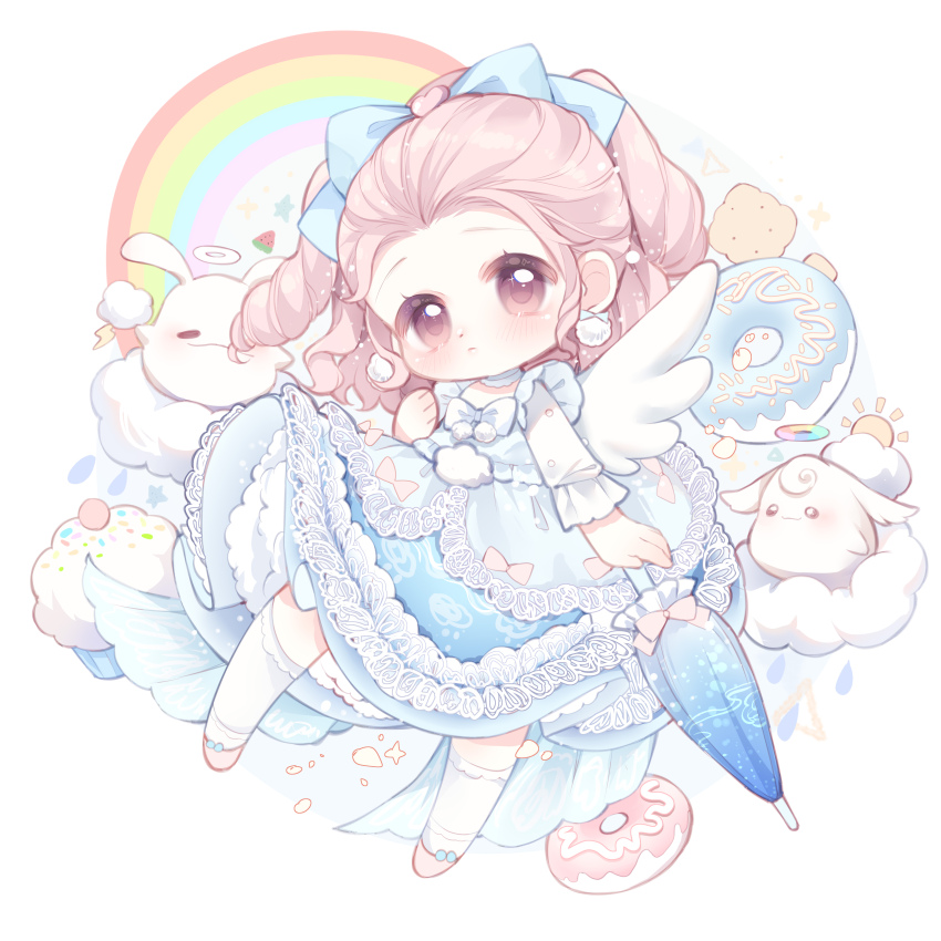 absurdres blue_bow blue_dress blue_umbrella bow bow_earrings bowtie chinese_commentary choker circle circle_skirt closed_mouth closed_umbrella cloud cloud_reverie_(infinity_nikki) commentary_request cracker creature cupcake donut dot_nose dress dress_bow earrings expressionless eyelashes floating_clothes food footwear_bow forehead frilled_choker frilled_sleeves frilled_socks frilled_umbrella frills hair_bow hair_ornament hand_on_own_shoulder heart heart_hair_ornament highres holding holding_umbrella infinity_nikki jewelry lace lace-trimmed_dress lace_trim large_bow light_blush light_frown lolita_fashion long_hair long_sleeves medium_dress nikki_(series) nuli_de_chengzhi_er over-kneehighs petticoat pink_bow pink_eyes pink_hair pink_shoes pom_pom_(clothes) pom_pom_earrings rain rainbow ringlets shoes socks sparkle square_neckline tareme thighhighs two_side_up umbrella wavy_hair white_background white_bow white_bowtie white_choker white_sleeves white_socks