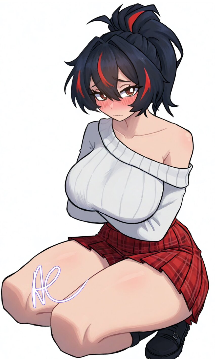 1girl alissashogun alternate_costume black_hair black_shoes black_socks blush breasts brown_eyes commentary crossed_arms english_commentary grey_shirt highres large_breasts looking_at_viewer plaid_clothes plaid_skirt pleated_skirt ponytail red_hair red_skirt shirt shoes signature simple_background single_off_shoulder skirt socks solo squatting thighs wavy_mouth white_background zenless_zone_zero zhu_yuan