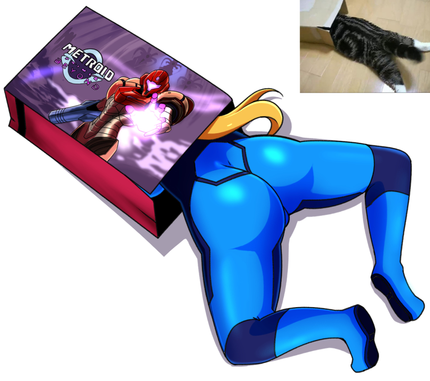 1girl absurdres artist_request ass blonde_hair blue_bodysuit bodysuit box cameltoe cat dimples_of_venus female_focus highres huge_ass knees_apart_feet_together legs long_hair lower_body metroid metroid_prime_4:_beyond nintendo photo_inset ponytail print_bodysuit real_life_insert samus_aran simple_background skin_tight spread_legs stuck stuck_in_a_box thighs white_background wide_hips zero_suit