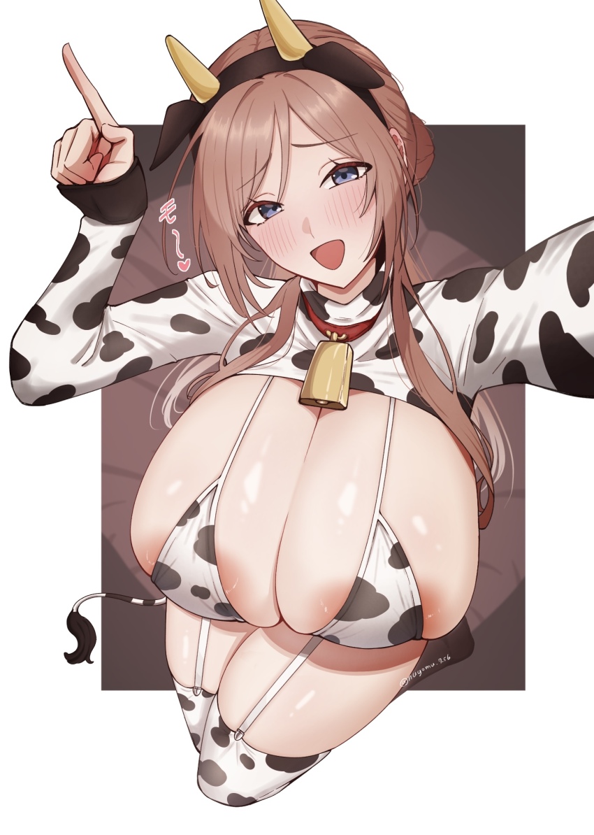 1girl animal_ear_hairband animal_ears animal_print areola_slip bell bikini blue_eyes blush border breasts brown_hair cleavage commentary_request cow_ear_hairband cow_ears cow_horns cow_print cow_print_bikini cow_print_thighhighs cow_tail cowbell fake_animal_ears fake_horns foreshortening from_above gakuen_idolmaster hair_bun hairband highres himesaki_rinami horns huge_breasts idolmaster index_finger_raised long_hair looking_at_viewer nagomu_7_56 neck_bell open_mouth outside_border outstretched_arm print_bikini print_thighhighs shrug_(clothing) sidelocks simple_background single_hair_bun skindentation smile solo swimsuit tail thighhighs thighs white_border