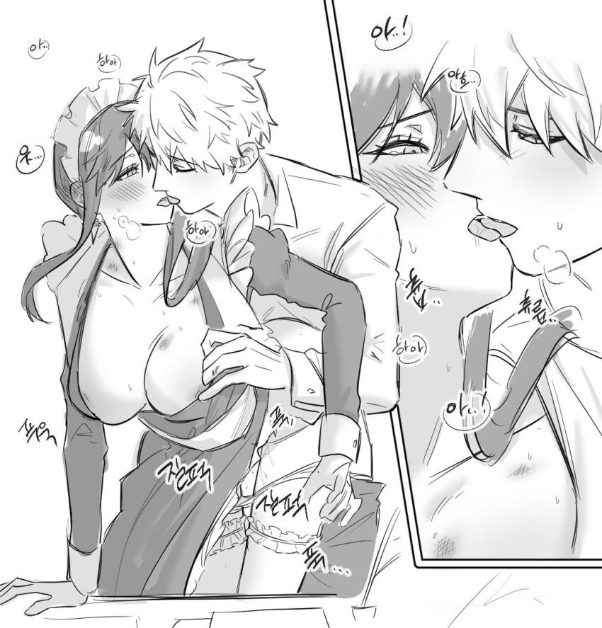 1boy 1girl alternate_universe blush breasts commentary_request dress drooling french_kiss greyscale heavy_breathing hetero hickey juliet_sleeves kiss korean_commentary large_breasts long_sleeves maid maid_headdress monochrome panties panty_pull puffy_sleeves saliva sex sex_from_behind sidelocks siro666b spy_x_family standing standing_sex thighhighs tongue twilight_(spy_x_family) underwear yor_briar