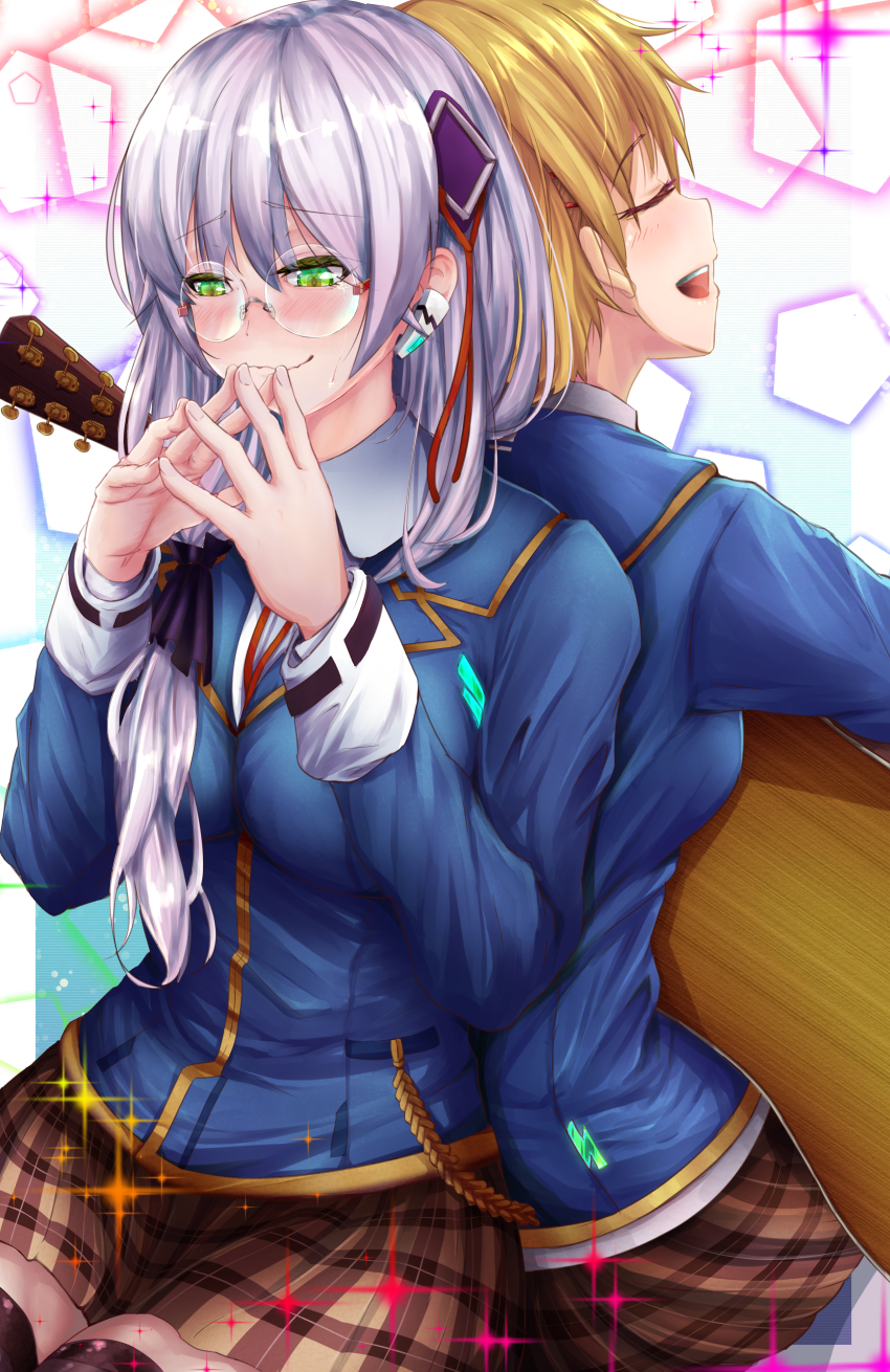 2girls absurdres asakura-siki back-to-back blush brown_hair commentary_request crossed_fingers glasses green_eyes grey_hair guitar heaven_burns_red highres holding holding_guitar holding_instrument instrument izumi_yuki_(heaven_burns_red) kayamori_ruka multiple_girls school_uniform