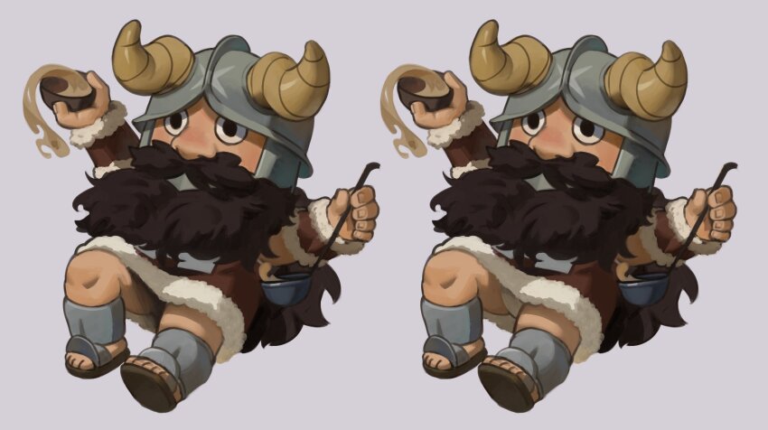 1boy beard bulge_peek chibi dungeon_meshi dwarf facial_hair fake_horns full_body helmet highres holding holding_ladle horned_helmet horns ladle long_beard looking_ahead male_focus merchandise_available multiple_views mustache nat_(sketchface) pouring senshi_(dungeon_meshi) shadow_censor thick_mustache very_long_beard