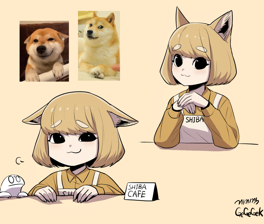 1girl :3 absurdres animal animal_ears apron artist_name artist_self-insert black_eyes blonde_hair collared_shirt creature_and_personification dog dog_ears dog_girl doge gegegekman highres kabosu_(dog) lizard looking_at_viewer orange_shirt original personification photo_inset shiba_inu shirt short_hair smile white_apron