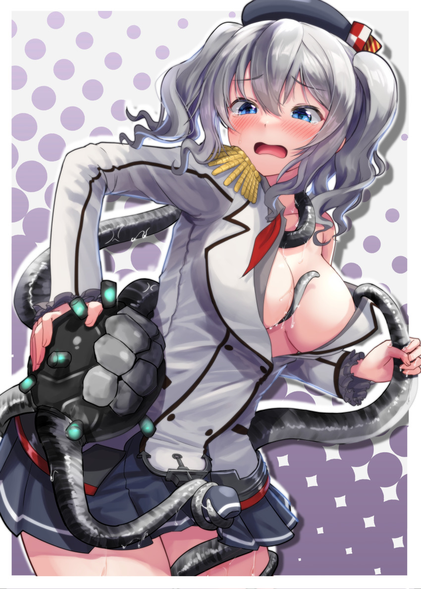 1girl absurdres abyssal_ship beret black_hat blue_eyes blush breasts bulge collared_shirt commentary_request cowboy_shot enemy_naval_mine_(kancolle) epaulettes erection erection_under_clothes futanari grey_hair grey_shirt grey_skirt hair_between_eyes hat highres jacket kantai_collection kashima_(kancolle) large_breasts long_sleeves military military_uniform neckerchief open_mouth pleated_skirt red_neckerchief revision shirt short_hair skirt soba_chatarou_(tita) solo tentacles twintails white_jacket