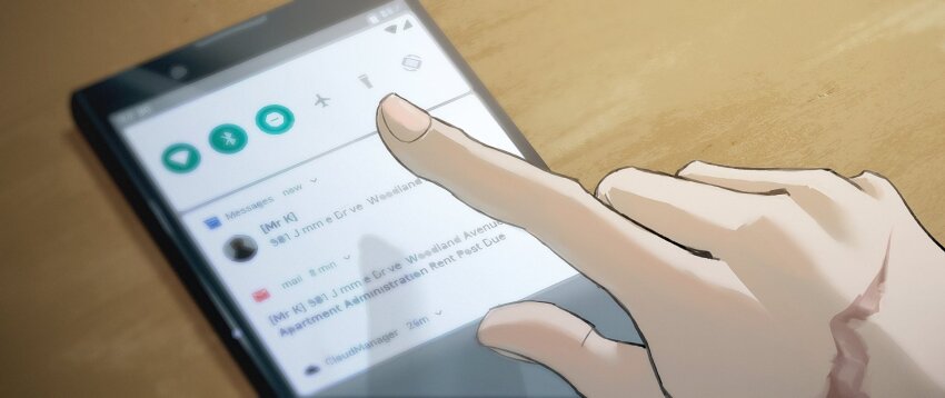 1girl cellphone gumi highres index_finger_raised phone scar scar_on_hand smartphone solo table vocaloid wooden_table wounds404