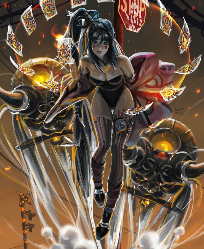 1girl artist_name bare_shoulders black_hair blue_eyes breasts cleavage commentary english_commentary highres large_breasts long_hair looking_at_viewer mouth_hold original outdoors paid_reward_available red_lips road_sign sign solo stop_sign tatti_art thigh_gap thighhighs variant_set