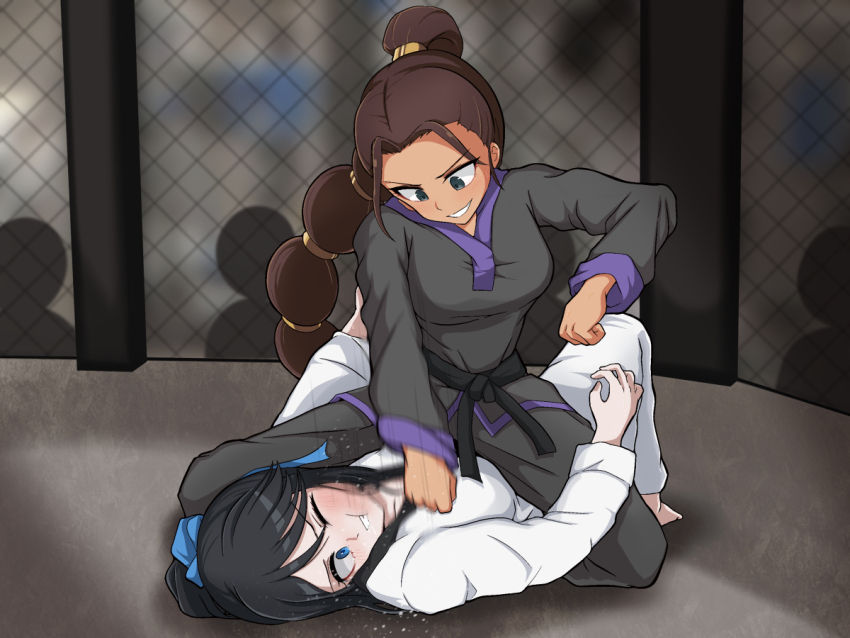 2girls barefoot cage catfight character_request defeat dougi femdom martial_arts milliani multiple_girls ryona smile tagme yuri