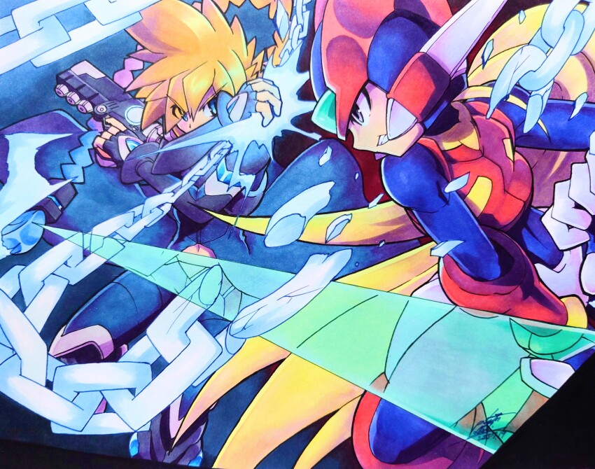 025aki 2boys absurdres android armor azure_striker_gunvolt blonde_hair blue_coat blue_eyes braid braided_ponytail chain clenched_teeth coat commentary crossover electricity energy_blade energy_sword gun gunvolt helmet highres holding holding_gun holding_sword holding_weapon magic mega_man_(series) mega_man_zero_(series) multiple_boys red_armor red_helmet sword teeth weapon z_saber zero(z)_(mega_man) zero_(mega_man)