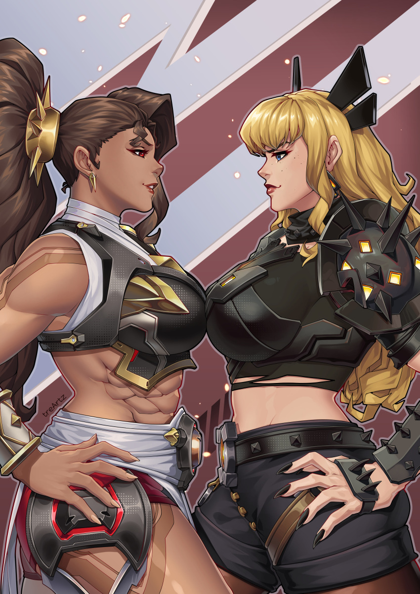 2girls abs absurdres armor asymmetrical_bangs big_hair black_nails black_shorts blonde_hair breast_press breasts brown_hair clash_of_breasts_(meme) cropped_legs earrings elbow_spikes hands_on_own_hips highres jewelry large_breasts long_hair looking_at_another magik_(x-men) marvel marvel_rivals multiple_girls muscular muscular_female overwatch pauldrons red_eyes red_lips shorts shoulder_armor shoulder_spikes smile spiked_hair_tubes spiked_pauldrons spikes standing symmetrical_docking tre_artz vendetta_(overwatch)