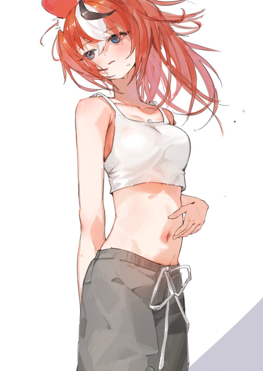 1girl absurdres alternate_costume animal_ear_fluff animal_ears arm_behind_back black_hair black_pants blue_eyes blush chocosong collarbone commentary hair_between_eyes hakos_baelz hand_on_own_stomach highres hololive hololive_english messy_hair mouse_ears multicolored_hair navel pants red_hair standing sweat sweatpants tank_top virtual_youtuber white_background white_hair white_tank_top