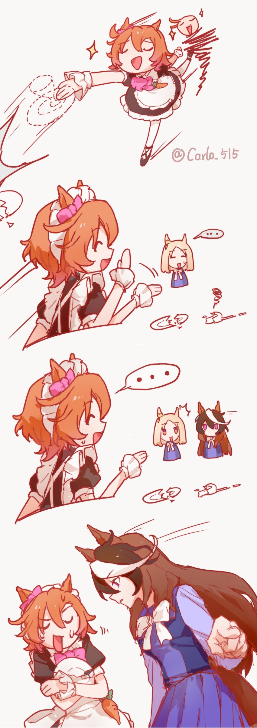 ... 3girls ^^^ ^_^ absurdres afterimage alternate_costume animal_ears apron back_bow black_dress black_shoes blonde_hair blue_shirt blue_skirt bow bowtie broken_cup broken_plate brooch brown_hair carlo_515 circle_skirt closed_eyes closed_mouth commentary criss-cross_back-straps cup disappearance_outline dress dropping ear_bow ear_ornament enmaided expressionless floating_clothes frilled_apron frilled_dress frilled_wrist_cuffs frills hair_between_eyes happy highres holding holding_plate holding_saucer horse_ears horse_girl horse_tail horseshoe_ornament jewelry leg_up long_sleeves looking_at_viewer maid maid_headdress mary_janes medium_hair motion_lines multicolored_hair multiple_girls narita_top_road_(umamusume) nervous nervous_smile open_mouth orange_hair pantyhose parted_lips pink_bow pink_eyes plate pleated_skirt pointy_ears purple_eyes saucer school_uniform sequential shirt shoes short_dress short_hair simple_background skirt smile speech_bubble spoken_ellipsis squiggle streaked_hair sweatdrop symbol-only_commentary symboli_rudolf_(umamusume) t.m._opera_o_(umamusume) tail teacup tracen_school_uniform twitter_username umamusume waving white_apron white_background white_bow white_bowtie white_pantyhose white_wrist_cuffs winter_uniform wrist_cuffs