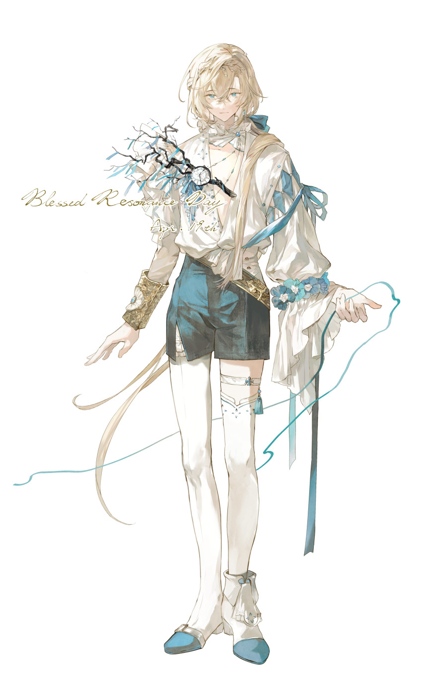 1boy absurdres analog_clock ankle_boots aqua_shorts arms_at_sides asymmetrical_footwear asymmetrical_sleeves belt blonde_hair blue_boots blue_eyes blue_flower blue_gemstone blue_ribbon boots borrowed_character branch clock collar commission crossed_bangs earrings english_text flower flower_ornament fold-over_boots frilled_collar frilled_sleeves frills full_body gem gold_belt hair_between_eyes hair_ornament hair_over_shoulder hair_ribbon highres holding holding_ribbon jewelry juliet_sleeves leaf_hair_ornament long_hair long_sleeves looking_at_viewer low_ponytail male_focus mihuashi_commission multicolored_boots original pendant_watch plunging_neckline ponytail puffy_sleeves ribbon shirt_tucked_in shorts simple_background single_earring single_thighhigh sleeve_cuffs sleeve_ribbon solo standing straight-on tachi-e tassel thigh_boots thigh_strap thighhighs two-tone_boots uneven_footwear very_long_hair white_background white_boots white_collar white_thighhighs wide_sleeves yin_(ying_qian) zhenjiuzi
