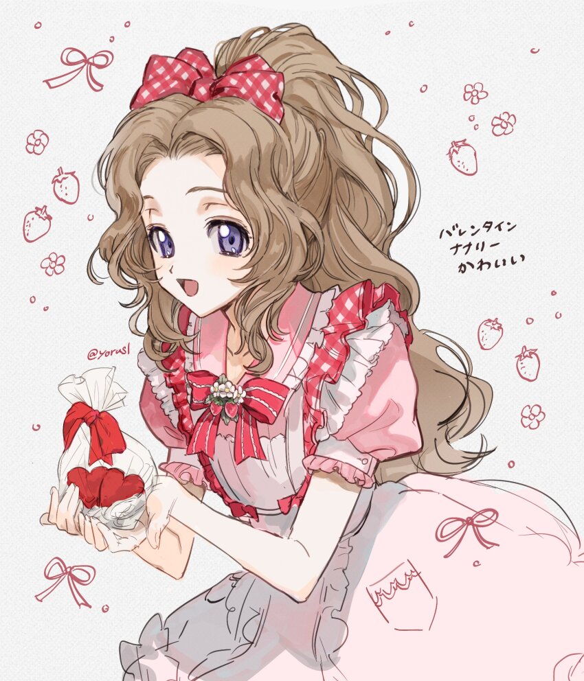 1girl apron bag bow brown_hair candy chocolate chocolate_heart code_geass dress dress_bow food frilled_apron frills hair_bow heart heart-shaped_food highres holding holding_bag long_hair nunnally_vi_britannia open_mouth parted_bangs pink_dress ponytail puffy_short_sleeves puffy_sleeves purple_eyes red_bow short_sleeves sidelocks smile solo twitter_username upper_body valentine wavy_hair white_apron yorusl