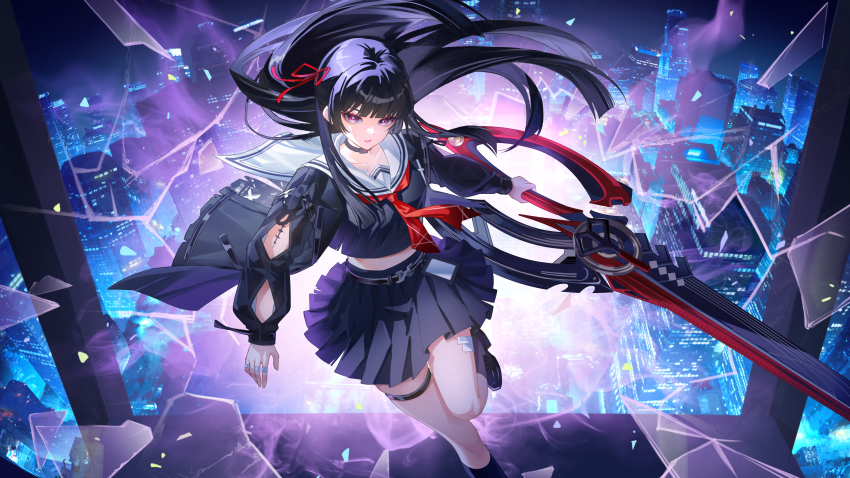 1girl absurdres arm_cutout black_choker black_hair black_jacket black_serafuku black_shirt black_skirt breasts broken_glass chinese_commentary chisa_(wuthering_waves) choker closed_mouth clothing_cutout commentary_request crop_top glass hair_ribbon highres holding holding_sword holding_weapon jacket long_hair long_sleeves looking_at_viewer medium_breasts neckerchief red_eyes red_neckerchief red_ribbon ribbon sailor_collar school_uniform serafuku shirt skirt solo sword tacet_mark_(wuthering_waves) thigh_strap thighs weapon white_sailor_collar wuthering_waves yingzi_hu_yu_kong