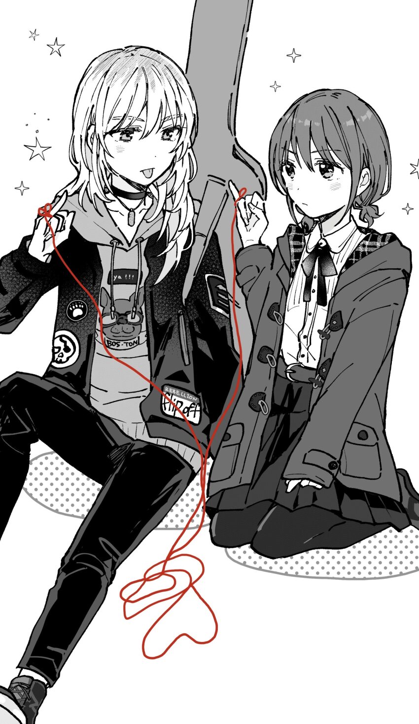2girls absurdres cho_nekura choker collared_shirt commentary dog_tail girls_band_cry greyscale guitar_case highres hood hoodie instrument_case iseri_nina jacket kawaragi_momoka long_hair monochrome multiple_girls pants pantyhose pinky_out pleated_skirt shirt short_twintails skirt sparkle spot_color string string_of_fate tail tongue tongue_out twintails yuri