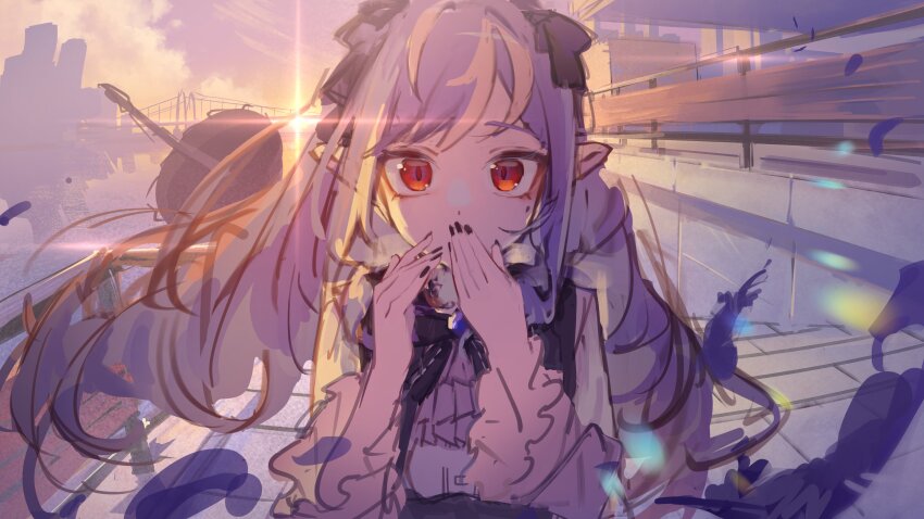 1girl absurdres ascot black_nails bow bowtie breast_curtains bridge cloud covering_own_mouth drill_hair falling_feathers feathers frilled_sleeves frills gem hairband highres long_hair looking_at_viewer mole mole_under_eye outdoors pointy_ears purple_ascot purple_bow purple_bowtie purple_gem purple_hair purple_hairband purple_umbrella red_eyes shrug_(clothing) solo stairs umbrella upper_body vivian_banshee white_shrug yu_hydra zenless_zone_zero