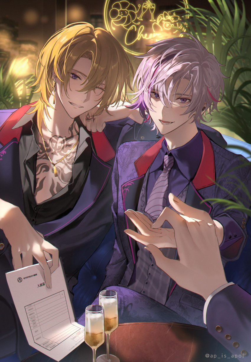 2boys ap_is_apol blonde_hair commentary_request earrings finger_tattoo formal_clothes fuwa_minato glasses highres holding holding_paper jewelry looking_at_viewer luca_kaneshiro male_focus multiple_boys necklace necktie nijisanji one_eye_closed open_mouth paper reaching reaching_towards_viewer sitting smile suit table tattoo teeth virtual_youtuber