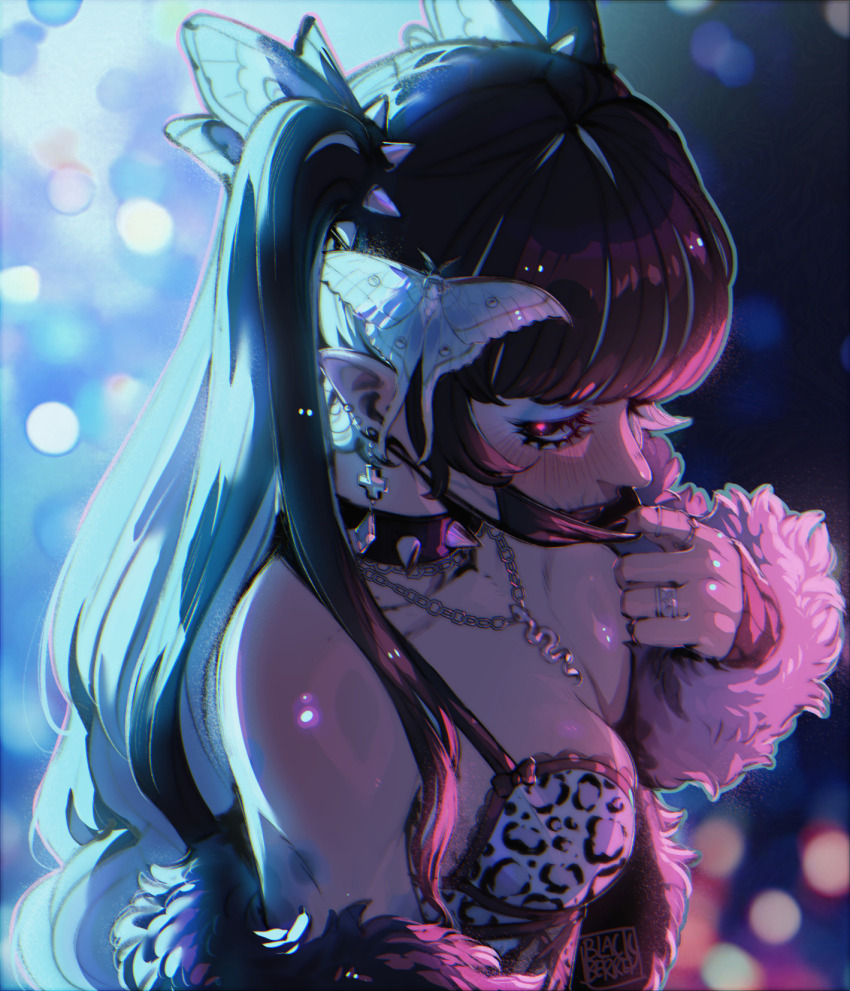 1girl black_hair blackberreh-art blue_eyeshadow blush bralette breasts bug butterfly_hair_ornament chain chain_necklace cleavage coat collar collarbone commentary earrings english_commentary eyeshadow fur_coat goth_fashion hair_ornament highres insect jewelry long_hair makeup mask min_xia moth mouth_mask necklace original red_pupils scar spiked_collar spiked_hair_ornament spikes the_magnus_archives twintails