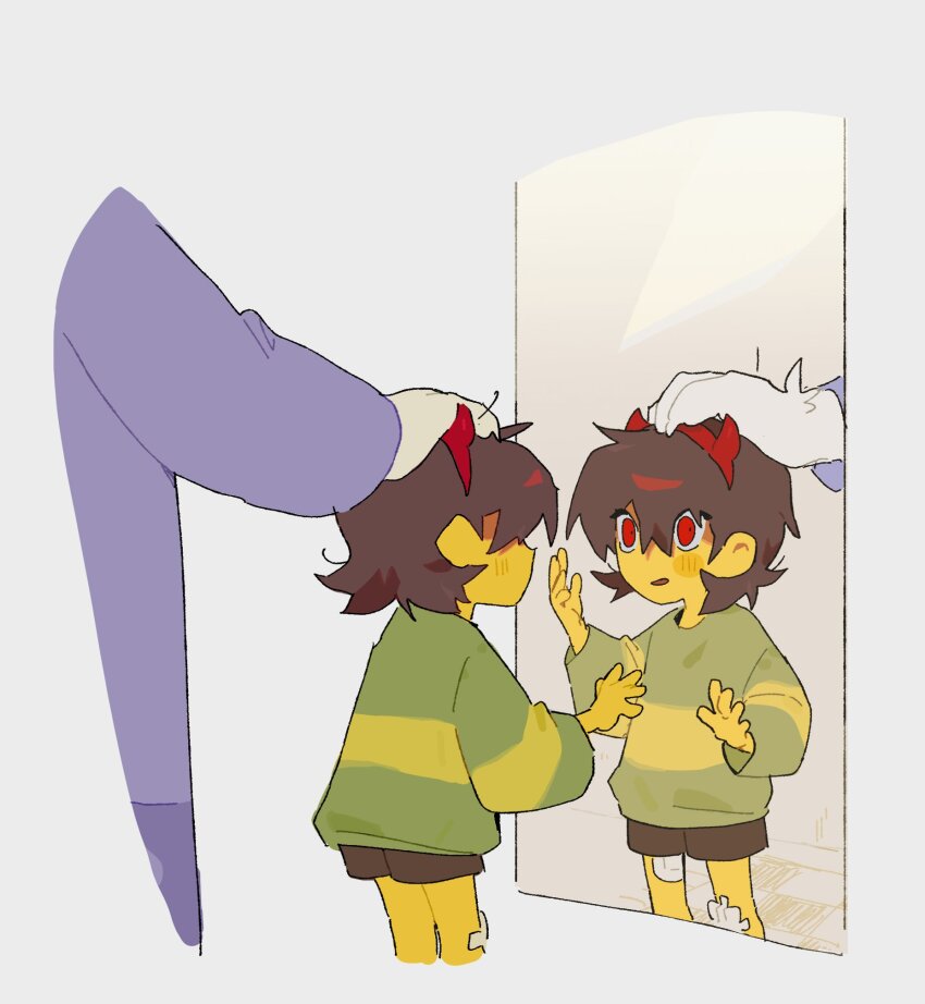 1girl abcdefz_7 bandaid bandaid_on_leg blush brown_hair chara_(undertale) colored_skin fake_horns headpat highres horns mirror open_mouth red_eyes short_hair shorts surprised sweater toriel undertale utdr_(toby_fox) white_fur yellow_skin