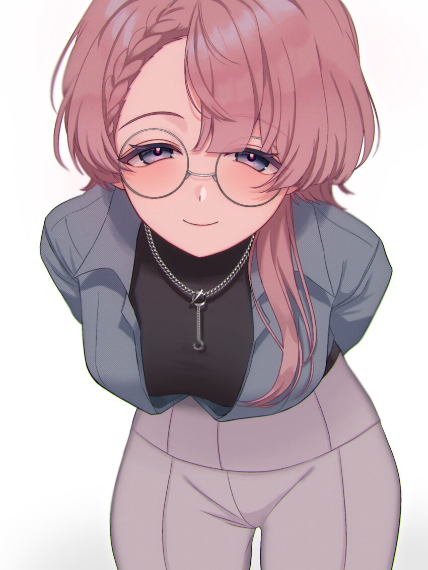1girl arimura_mao bespectacled black_sweater blue_jacket braid braided_bangs breasts chain chain_necklace commentary_request gakuen_idolmaster glasses grey_pants highres idolmaster jacket jewelry leaning_forward long_hair looking_at_viewer medium_breasts necklace open_clothes open_jacket pants pink_hair round_eyewear simple_background solo speech_bubble sweater textless_version tkitt25 variant_set white_background