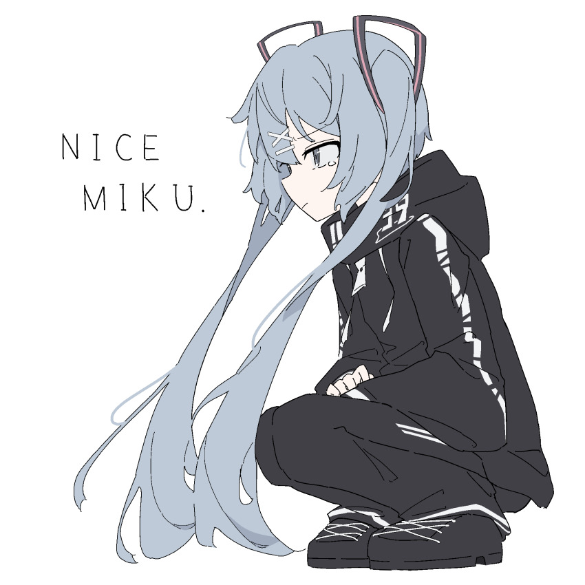 1girl black_hoodie black_shoes blue_eyes blue_hair commentary_request crying crying_with_eyes_open giryu hair_ornament hatsune_miku highres hood hoodie shoes solo squatting tears twintails vocaloid x_hair_ornament
