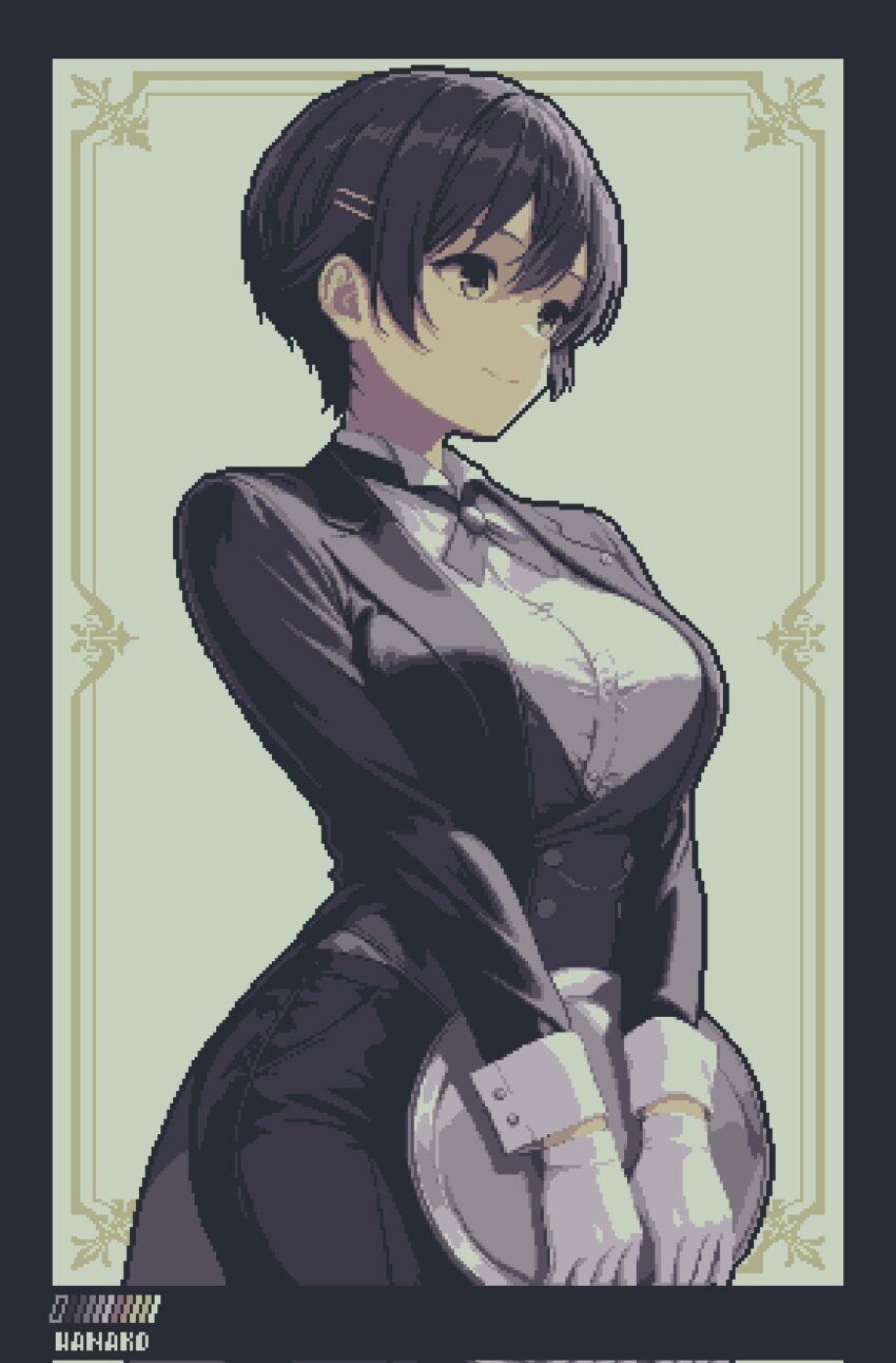 1girl artist_name black_pants black_suit breasts butler closed_mouth coattails commentary_request female_butler formal_clothes gloves hair_ornament hairclip highres holding holding_tray large_breasts original pant_suit pants parallel_hairclips pixel_art short_hair smile solo specialhanako suit tailcoat tray tuxedo_shirt white_gloves wrist_cuffs