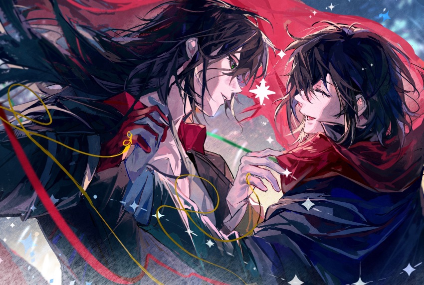 2boys ^_^ absurdres black_cloak black_coat black_hair chinese_commentary cloak closed_eyes coat collared_shirt commentary_request dancing facing_another gloves green_eyes hair_between_eyes highres holding_hands interlocked_fingers klein_moretti leonard_mitchell long_hair long_sleeves looking_at_another lord_of_the_mysteries male_focus medium_hair merlin_hermes multiple_boys open_clothes open_coat open_mouth parted_lips partially_unbuttoned red_gloves red_scarf scarf shirt smile sparkle star_(symbol) streamers string string_of_fate sumidainxin upper_body very_long_hair white_gloves yaoi yellow_string