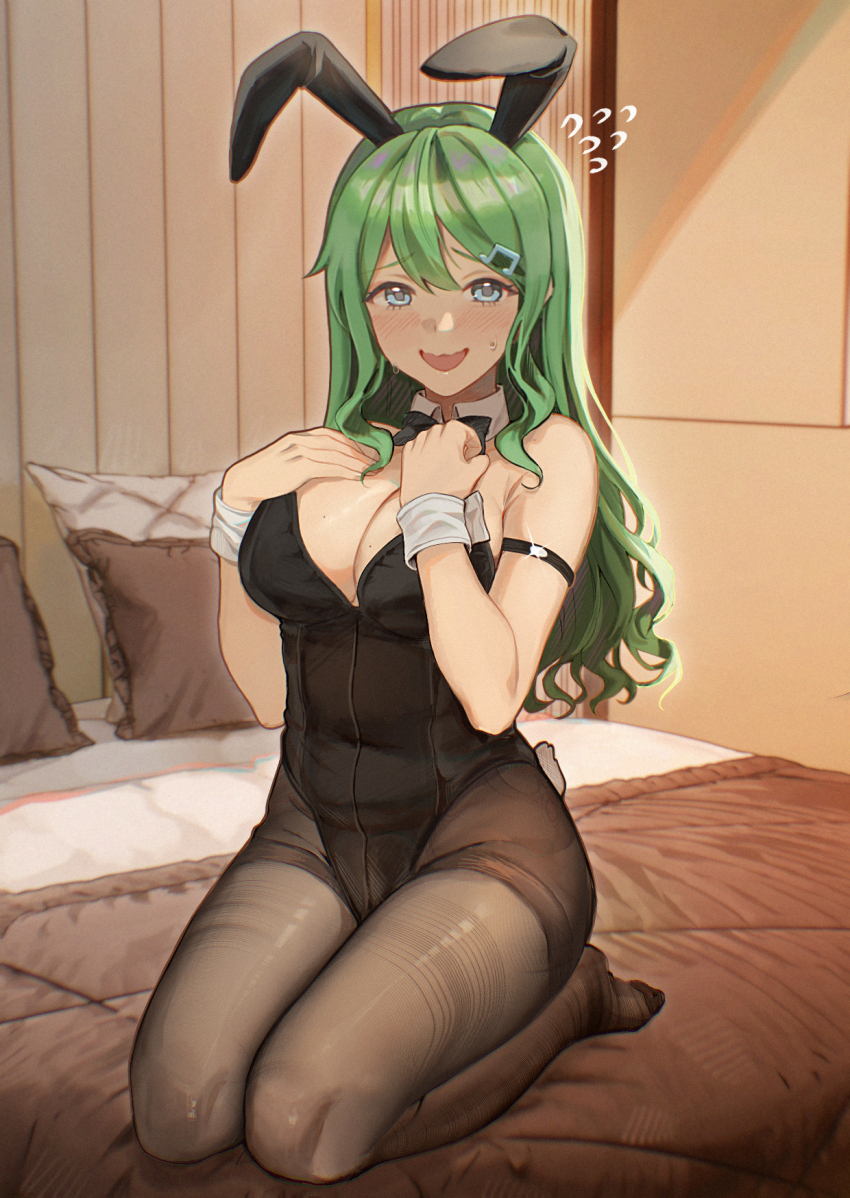1girl animal_ear_hairband animal_ears bedroom black_bow black_bowtie black_leotard black_pantyhose black_thighhighs blue_eyes bow bowtie breasts cleavage detached_collar embarrassed fake_animal_ears flying_sweatdrops green_hair hair_ornament hairband hairclip hands_on_own_chest highres indoors large_breasts leotard long_hair on_bed original pantyhose playboy_bunny rabbit_ears rabbit_tail sachimint seiza sitting solo strapless strapless_leotard tail thighhighs wrist_cuffs