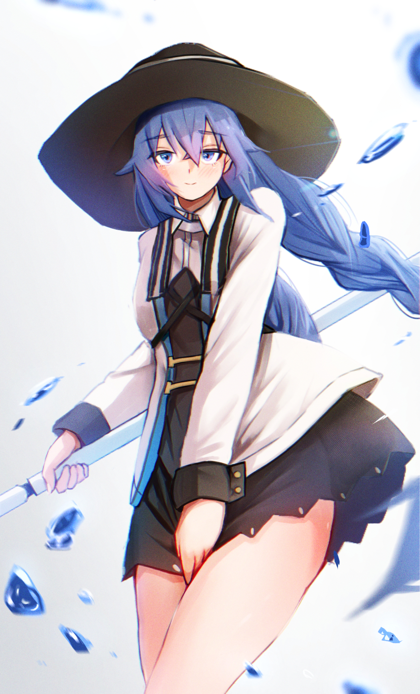1girl absurdres black_skirt blue_eyes blue_hair blush braid closed_mouth collared_shirt crossed_bangs gradient_background hair_between_eyes highres holding holding_staff kaneko_ryou large_hat long_braid long_hair long_sleeves looking_at_viewer mage_staff magic miniskirt mushoku_tensei roxy_migurdia shirt skirt skirt_tug solo splashing staff standing thighs twin_braids white_shirt
