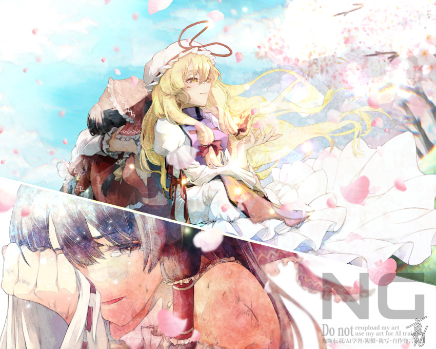 2girls ascot back-to-back blonde_hair blue_sky bow breasts brown_eyes brown_hair cherry_blossoms closed_mouth cloud commentary_request commission crying crying_with_eyes_open day detached_sleeves dress falling_petals frilled_bow frilled_dress frilled_hair_tubes frills hair_bow hair_tubes hakurei_reimu hat hat_ribbon highres juliet_sleeves long_hair long_sleeves medium_breasts mob_cap multiple_girls petals pink_petals puffy_sleeves purple_tabard red_bow red_skirt ribbon sitting skirt skirt_set sky smile tabard tears touhou white_dress wide_sleeves yakumo_yukari yellow_ascot yellow_eyes yoshino_kaoru