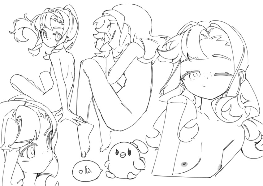 1girl absurdres bird breasts chinese_text closed_eyes commentary_request completely_nude cropped_torso curled_up duck fetal_position freckles full_body greyscale highres lineart long_hair looking_at_viewer lying matilda_bouanich monochrome multiple_views nipples nude on_side one_eye_closed ponytail reverse:1999 sanjuqing'an sitting small_breasts speech_bubble upper_body v-shaped_eyebrows white_background