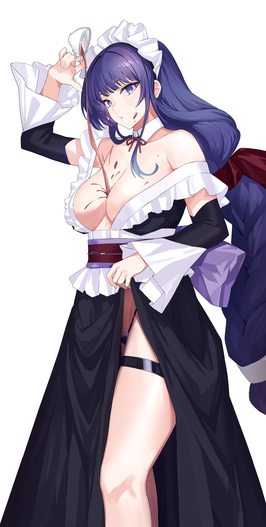 1girl absurdres alternate_costume bare_shoulders black_panties breasts cleavage commentary_request cup enmaided frills genshin_impact highres holding holding_cup long_hair looking_at_viewer maid maid_headdress off_shoulder panties pouring pouring_onto_self purple_eyes purple_hair raiden_shogun sash shio05_(05_sio) simple_background solo spilling tea teacup thigh_strap underwear very_long_hair white_background