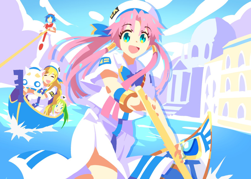 4girls :3 :o ^_^ aika_granzchesta alice_carroll alicia_florence aria_(manga) aria_company_uniform aria_pokoteng beret blonde_hair blue_bow blue_bowtie blue_eyes blue_hair bow bowtie building cat closed_eyes cloud cloudy_sky commentary day dress english_commentary floating_hair gondola green_hair hair_tubes hat highres himeya_company_uniform holding holding_oar long_dress long_hair looking_at_viewer majormilk mizunashi_akari multiple_girls neo-venezia oar open_mouth orange_planet_uniform outdoors parted_lips pink_hair short_sleeves side_slit sky smile triangle_mouth very_long_hair water white_cat white_dress white_hat yellow_eyes