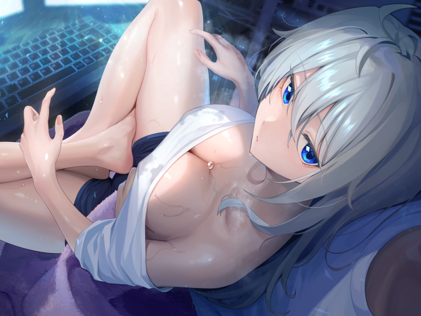 1boy ahoge bare_legs barefoot black_shorts blue_eyes breasts cleavage closed_mouth commentary_request computer_keyboard desk grey_hair hair_between_eyes highres hot indian_style indoors large_breasts long_hair looking_at_viewer maeshimashi monitor original shirt shorts sidelocks sitting steam sweat towel very_sweaty white_shirt