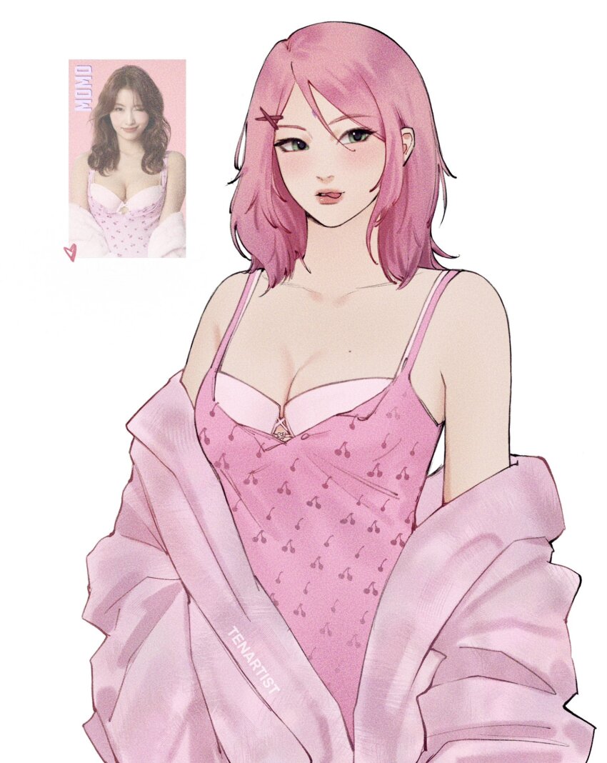 1girl alternate_costume artist_name boruto:_naruto_next_generations bra bra_peek breasts camisole cherry_print cleavage collarbone commentary cosplay cowboy_shot film_grain food_print fruit_print hair_ornament haruno_sakura heart_bra highres jacket jacket_partially_removed k-pop lipgloss looking_to_the_side medium_breasts medium_hair mole mole_on_breast momo_(twice) momo_(twice)_(cosplay) naruto_(series) photo_inset pink_bra pink_camisole pink_hair pink_jacket print_camisole reference_inset swept_bangs symbol-only_commentary tenartistt tongue tongue_out twice_(group) underwear watermark white_background x_hair_ornament