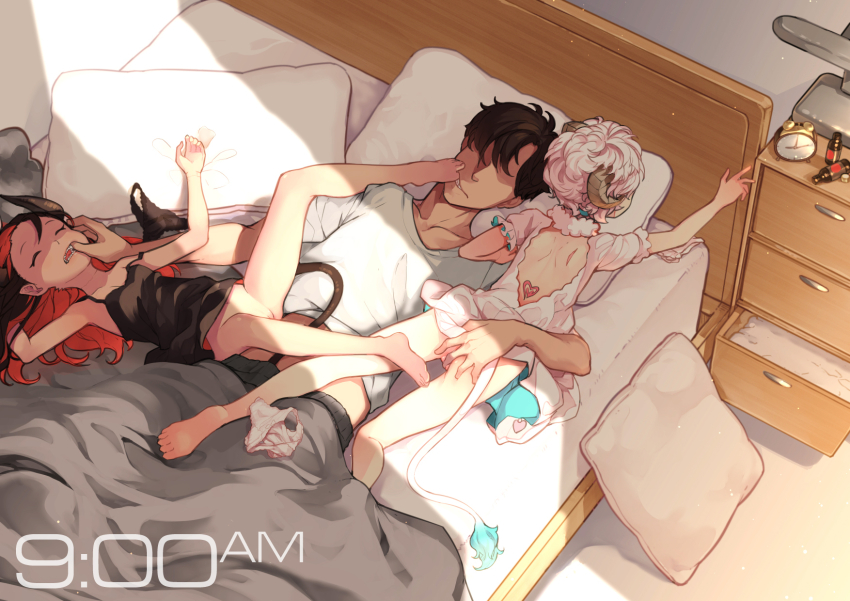 1boy 2girls age_difference alarm_clock angel angel_and_devil ass ass_grab backless_dress backless_outfit bare_arms bare_legs bare_shoulders barefoot bed black_dress black_hair black_panties blvefo9 bottle bottomless chest_of_drawers clock collarbone commentary curled_horns demon_girl demon_horns demon_tail dress empty_bottle energy_drink feet finger_in_another's_mouth fingering flat_chest grey_pants highres horns indoors loli lying morning_after multicolored_hair multiple_girls on_back on_bed original outstretched_arm panties pants pillow puffy_short_sleeves puffy_sleeves pussy red_hair shirt short_hair short_sleeves sleeping sleeping_on_person sleeveless sleeveless_dress soles tail tail_under_clothes toe_in_another's_mouth toes two-tone_hair under_covers underwear unworn_panties white_dress white_hair white_panties white_shirt