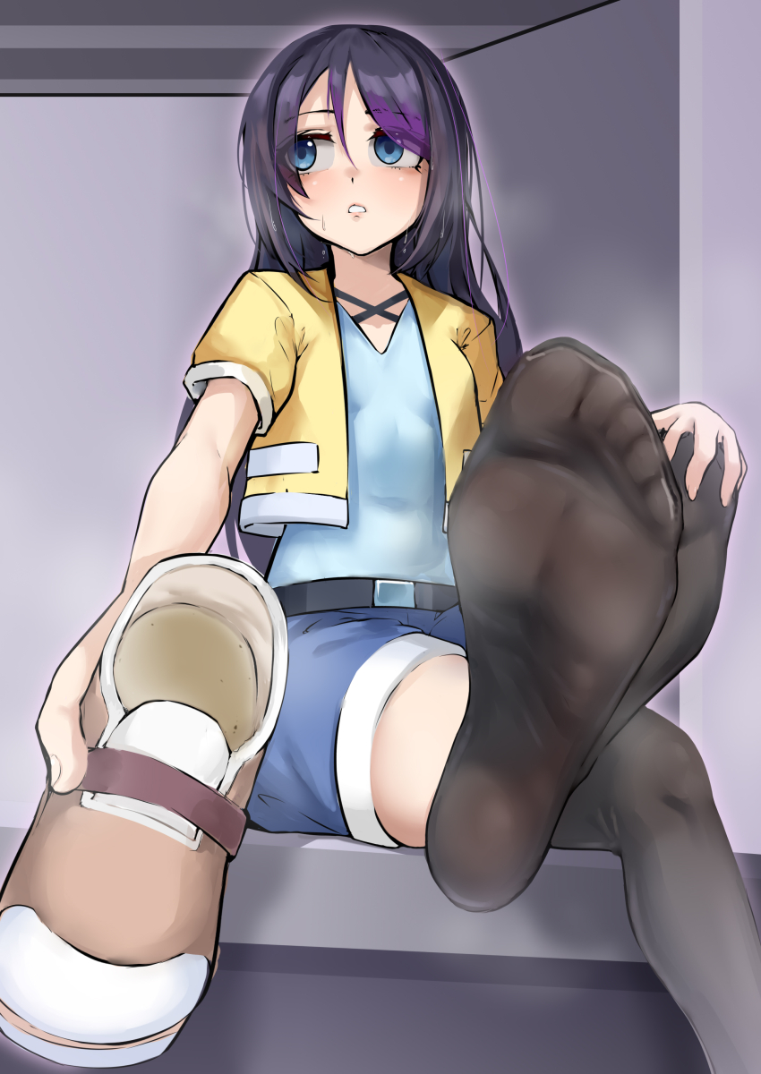 1girl absurdres black_hair black_thighhighs blue_eyes crossed_legs feet highres holding holding_shoes holding_unworn_clothes long_hair looking_to_the_side losty parted_lips see-through_clothes see-through_legwear shoes shorts soles steam thighhighs toes unworn_shoes